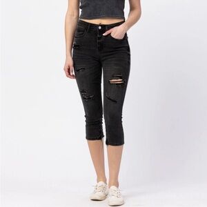Judy Blue Jeans Skinny Fit Capri‎ 7 28 Gray Black Distressed Stretch High Waist